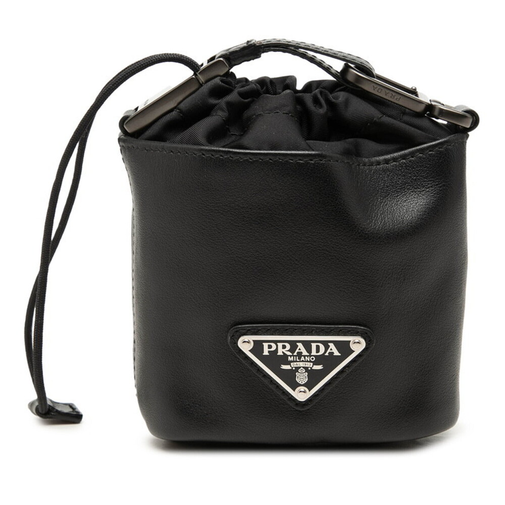 Prada Triangle Logo Plate Handbag Pouch Drawstring Bag 2TL386 Black Leather N...